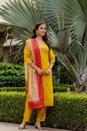 Mustard Floral Embroidered Rayon Kurti Pant Set