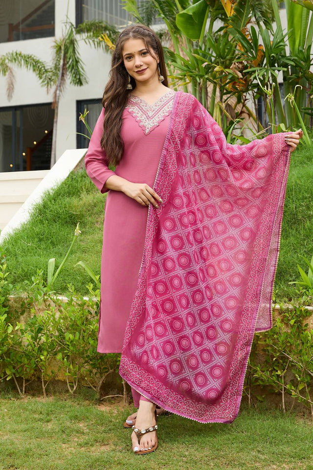 Pink Solid Rayon Kurti Pant Set