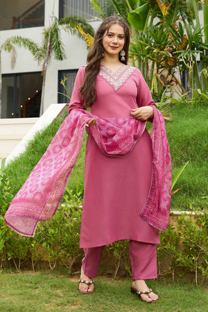 Pink Solid Rayon Kurti Pant Set