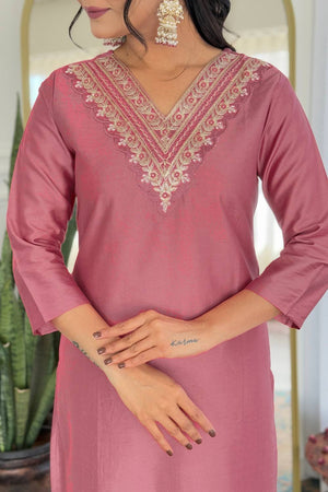 Pink Solid Rayon Kurti Pant Set