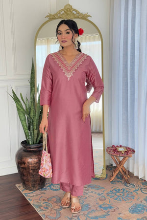 Pink Solid Rayon Kurti Pant Set
