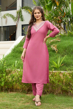 Pink Solid Rayon Kurti Pant Set