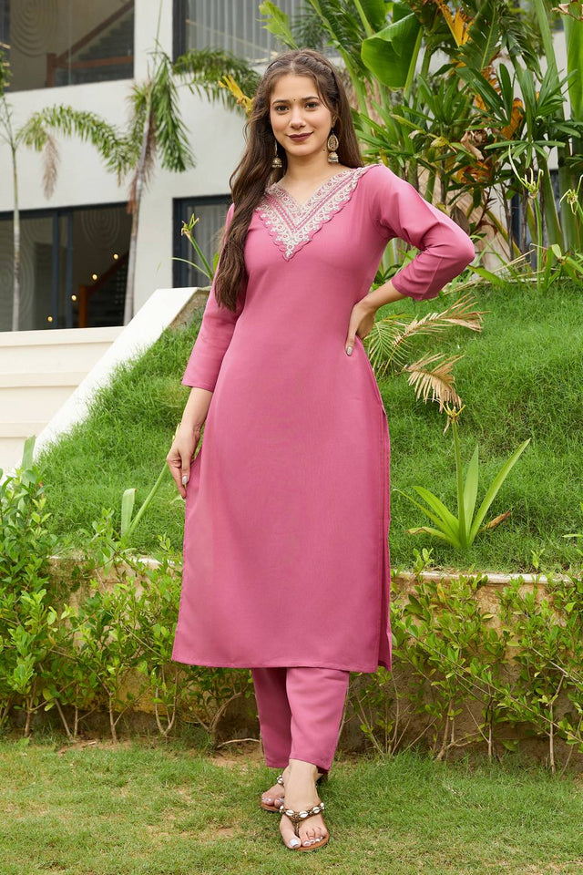 Pink Solid Rayon Kurti Pant Set