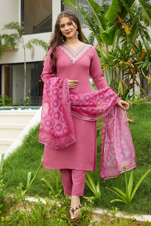 Pink Solid Rayon Kurti Pant Set