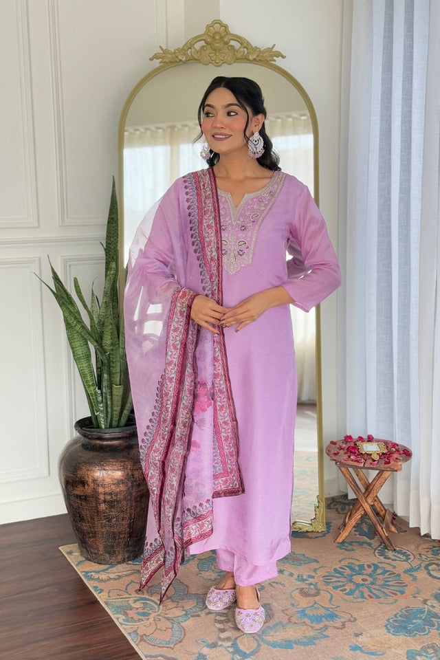 Lavender Floral Embroidered Rayon Kurti Pant Set