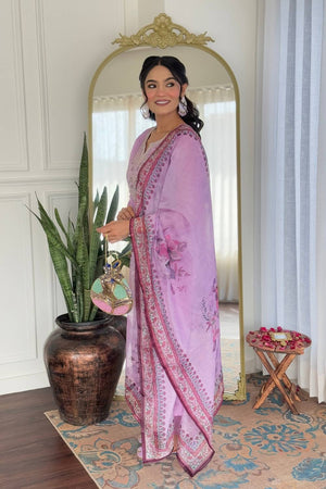 Lavender Floral Embroidered Rayon Kurti Pant Set