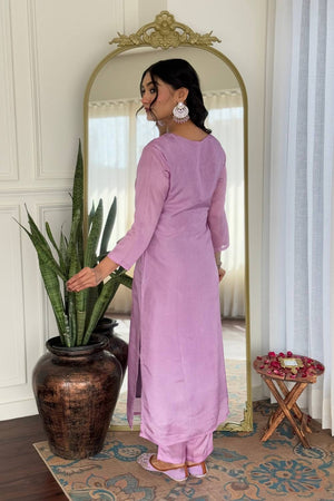 Lavender Floral Embroidered Rayon Kurti Pant Set