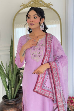 Lavender Floral Embroidered Rayon Kurti Pant Set