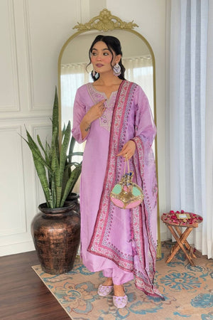 Lavender Floral Embroidered Rayon Kurti Pant Set