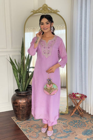 Lavender Floral Embroidered Rayon Kurti Pant Set