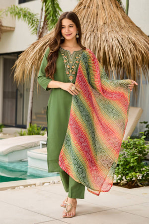 Mehendi Floral Embroidered Rayon Kurti Pant Set