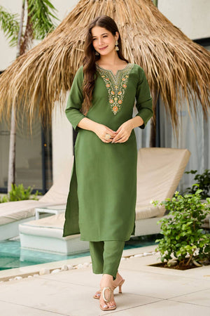 Mehendi Floral Embroidered Rayon Kurti Pant Set