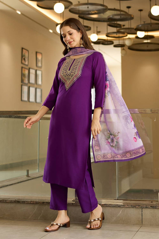 Violet Embroidered Rayon Kurti Pant Set