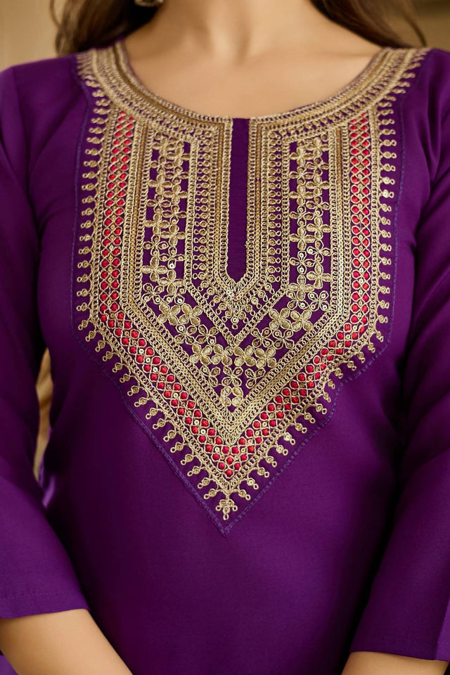 Violet Embroidered Rayon Kurti Pant Set