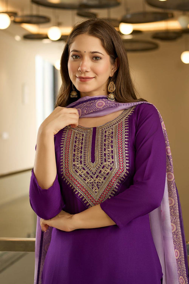 Violet Embroidered Rayon Kurti Pant Set