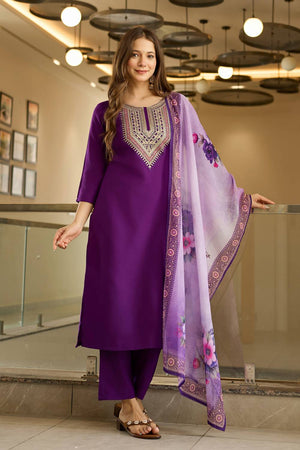 Violet Embroidered Rayon Kurti Pant Set