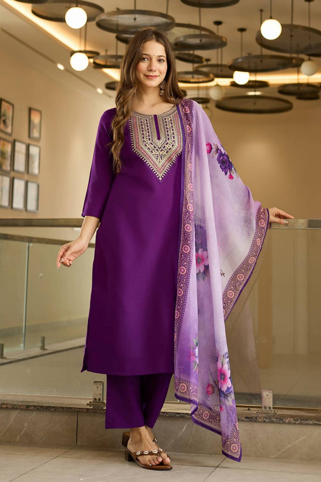 Violet Embroidered Rayon Kurti Pant Set
