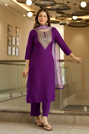 Violet Embroidered Rayon Kurti Pant Set