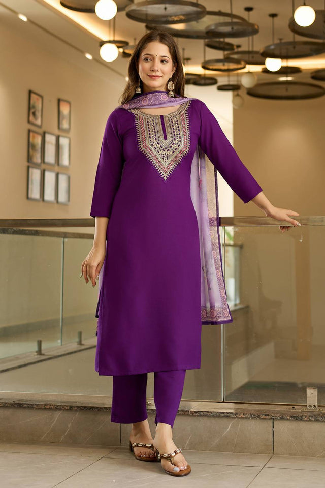 Violet Embroidered Rayon Kurti Pant Set