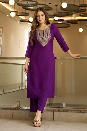 Violet Embroidered Rayon Kurti Pant Set