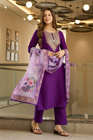 Violet Embroidered Rayon Kurti Pant Set