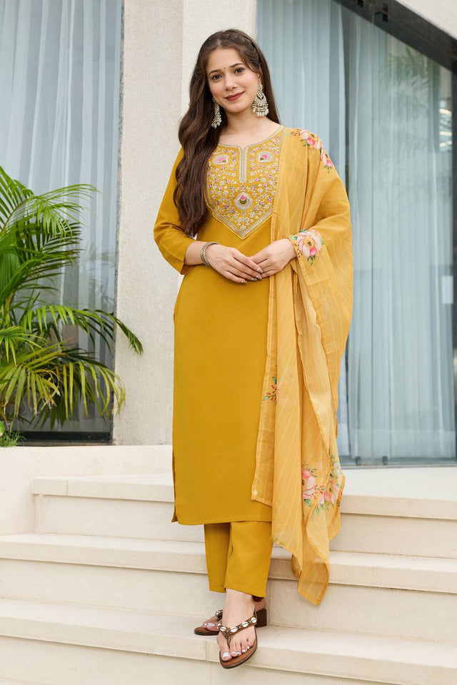Mustard Embroidered Rayon Kurti Pant Set