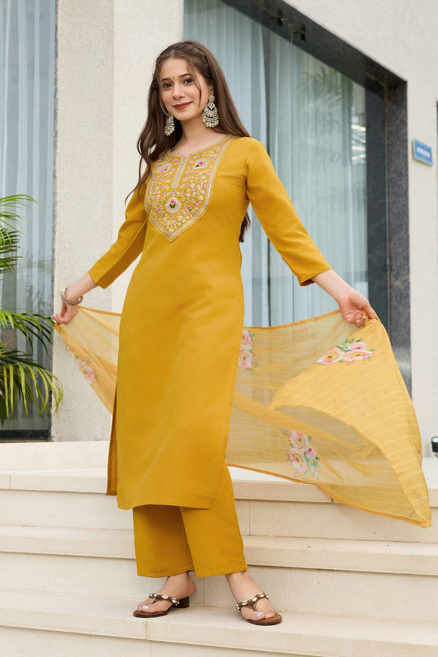 Mustard Embroidered Rayon Kurti Pant Set