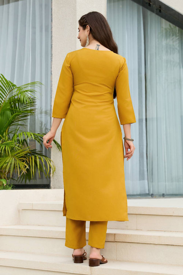 Mustard Embroidered Rayon Kurti Pant Set