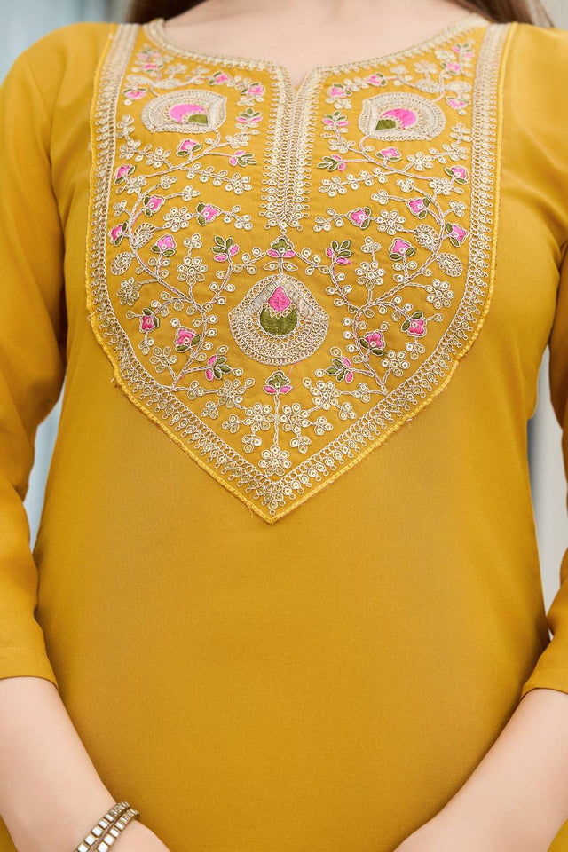 Mustard Embroidered Rayon Kurti Pant Set