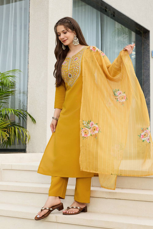 Mustard Embroidered Rayon Kurti Pant Set