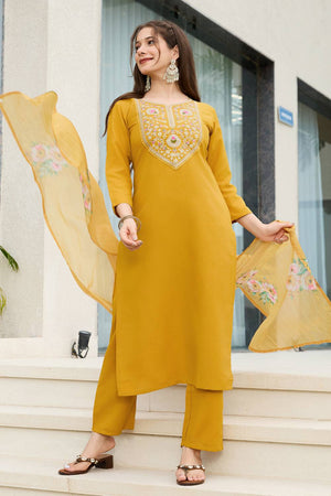 Mustard Embroidered Rayon Kurti Pant Set