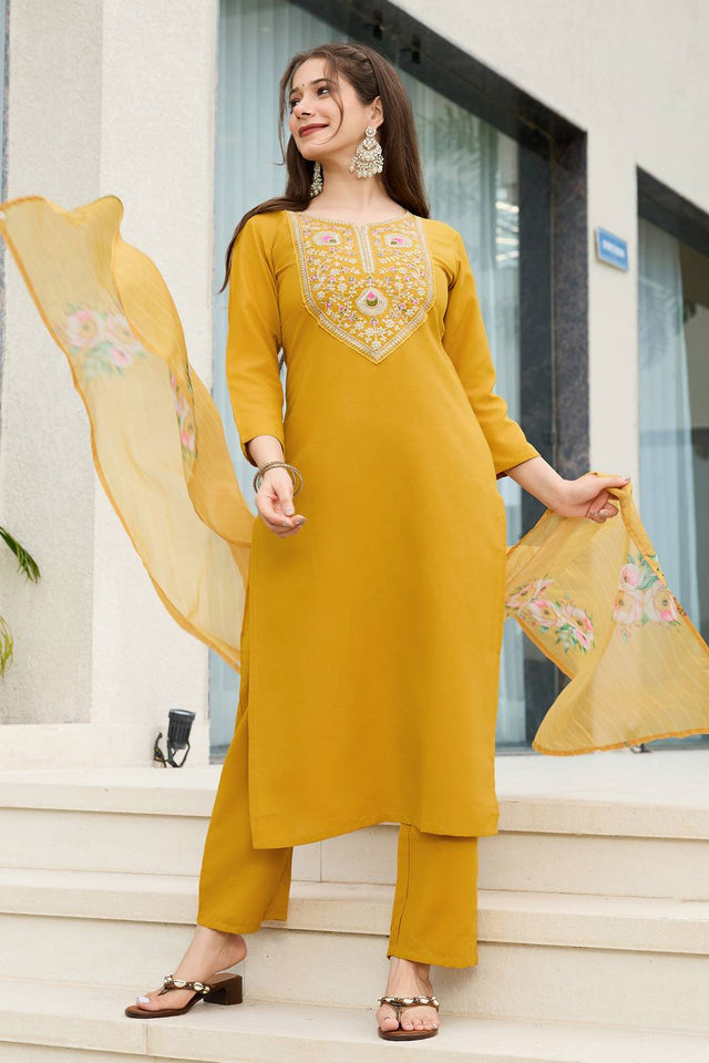 Mustard Embroidered Rayon Kurti Pant Set