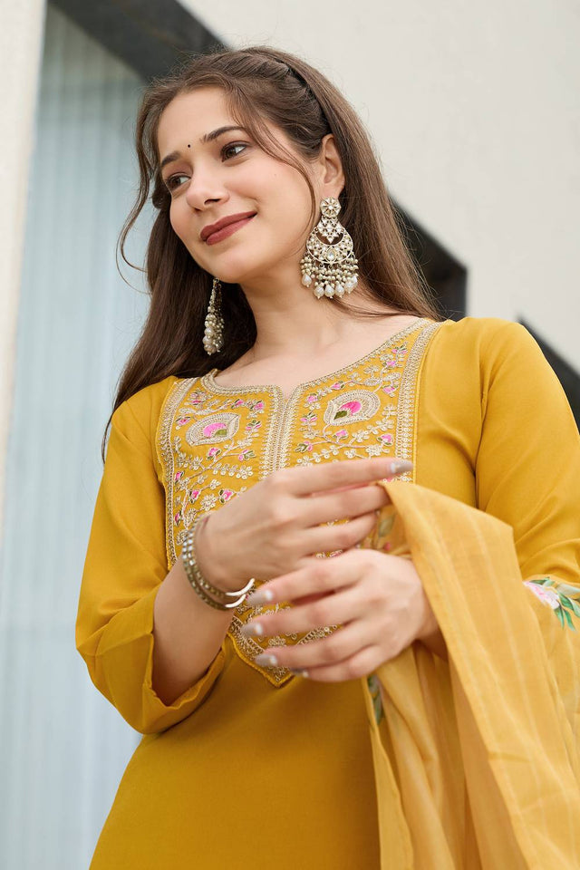 Mustard Embroidered Rayon Kurti Pant Set