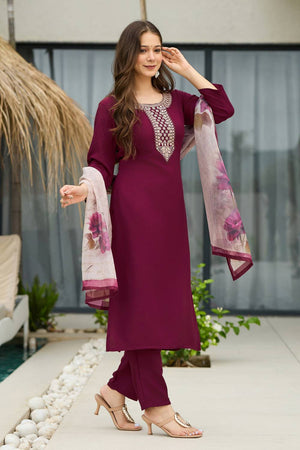 Maroon Embroidered Rayon Kurti Pant Set
