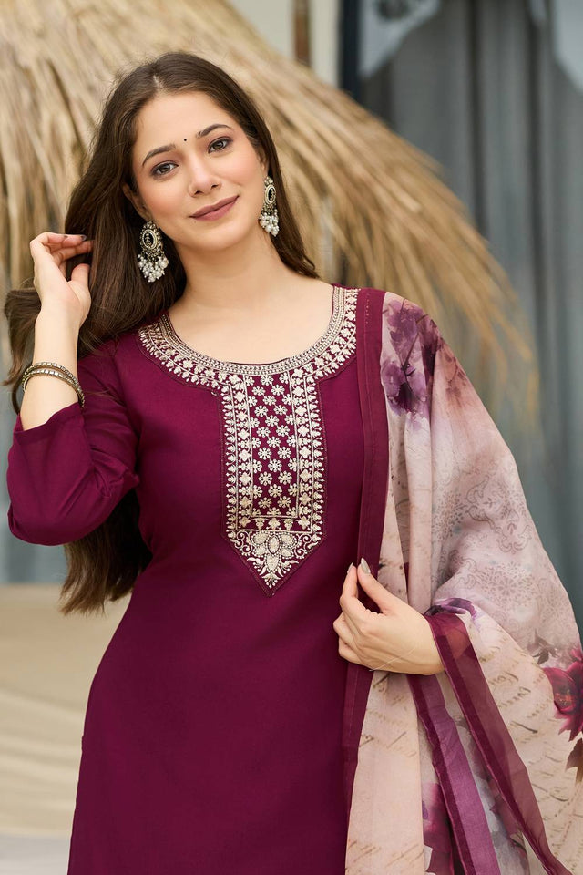 Maroon Embroidered Rayon Kurti Pant Set