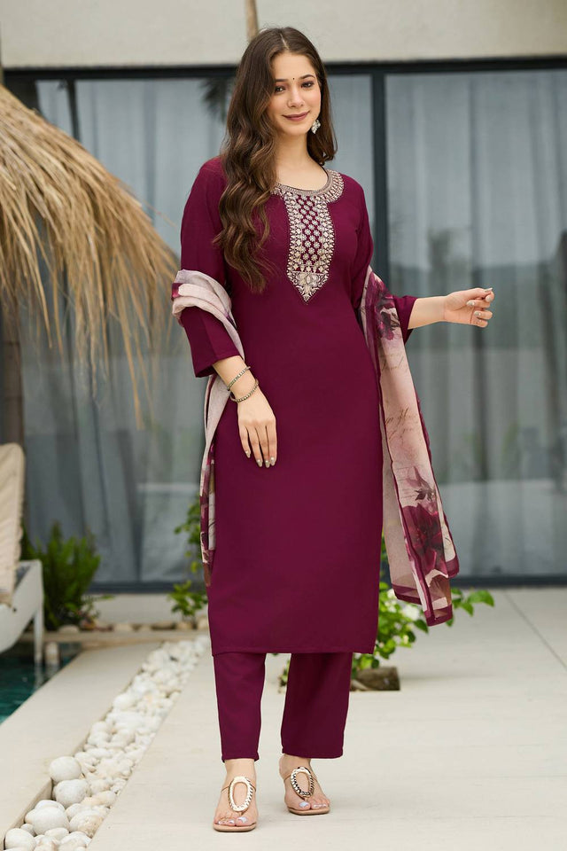 Maroon Embroidered Rayon Kurti Pant Set