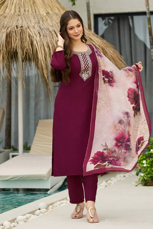 Maroon Embroidered Rayon Kurti Pant Set
