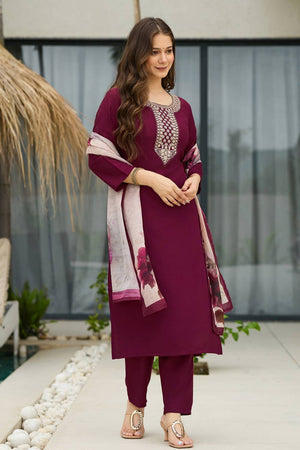 Maroon Embroidered Rayon Kurti Pant Set