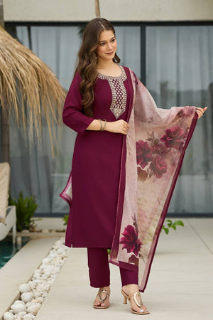 Maroon Embroidered Rayon Kurti Pant Set