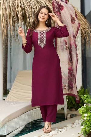 Maroon Embroidered Rayon Kurti Pant Set
