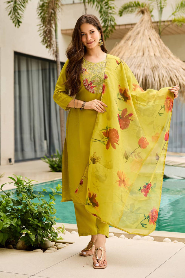 Green Sequin with Embroidered Rayon Kurti Pant Set