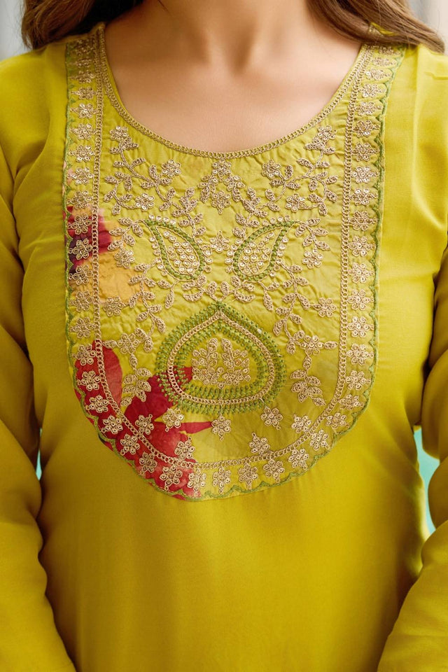 Green Sequin with Embroidered Rayon Kurti Pant Set