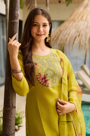 Green Sequin with Embroidered Rayon Kurti Pant Set