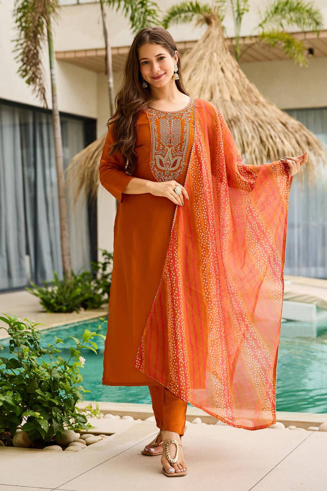 Rust Embroidered Rayon Kurti Pant Set