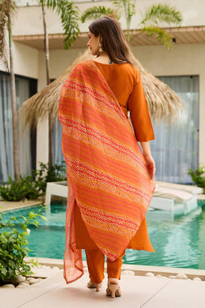 Rust Embroidered Rayon Kurti Pant Set