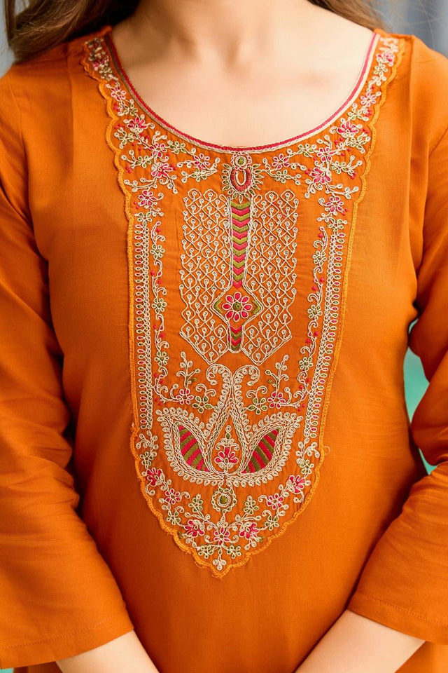 Rust Embroidered Rayon Kurti Pant Set