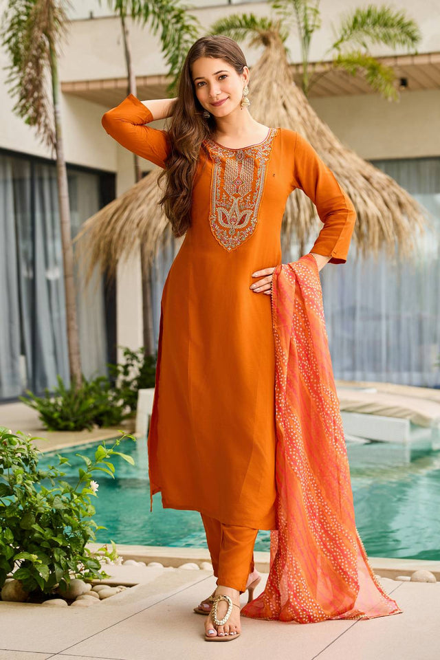 Rust Embroidered Rayon Kurti Pant Set