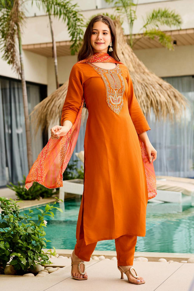 Rust Embroidered Rayon Kurti Pant Set