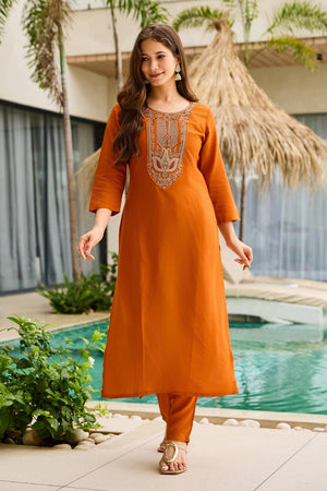 Rust Embroidered Rayon Kurti Pant Set