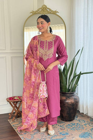 Pink Embroidered Rayon Kurti Pant Set